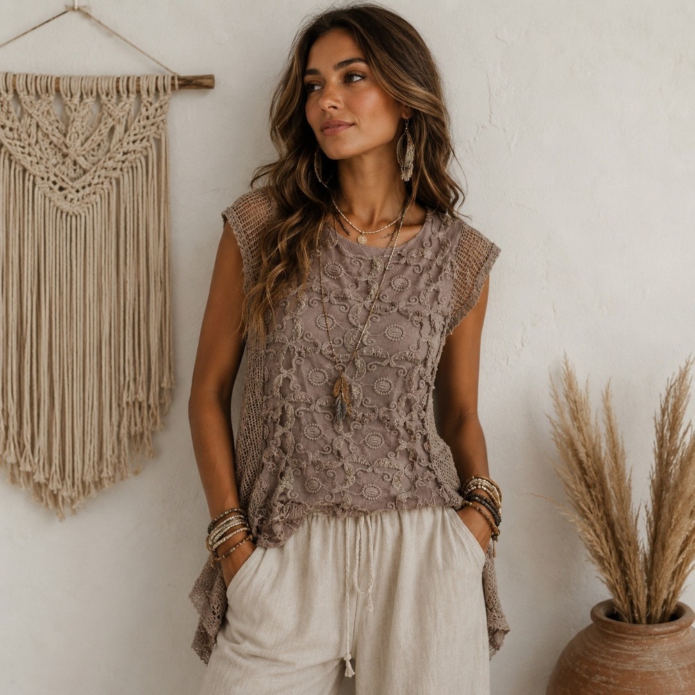 Tempo Paris Women Small Taupe Embroidered Crochet Lace Sharkbite Sleeveless‎ Top